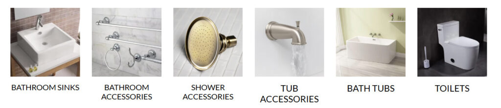 Variety of bathroom fixtures displayed: sinks, accessories, showerheads, tub fittings, bathtubs, and toilets, showcasing options for renovation or design.