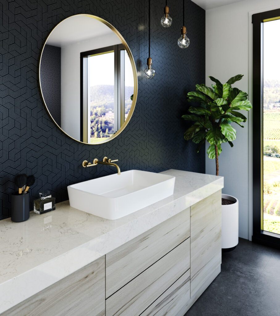 Modern bathroom featuring a stylish white countertop with a rectangular sink