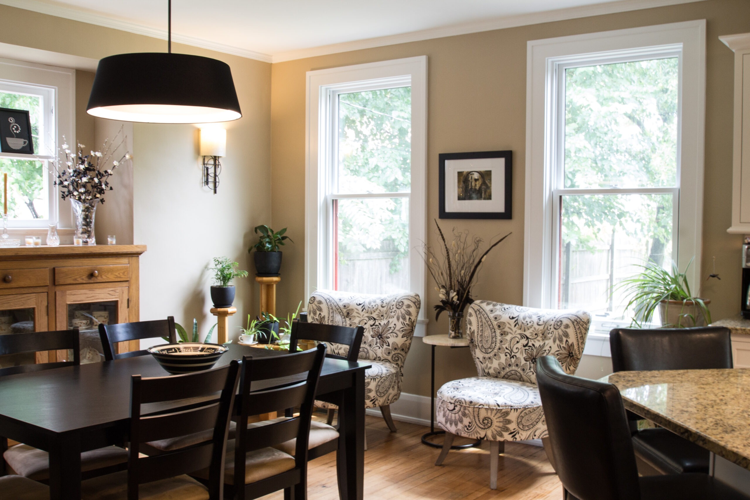 Bright kitchen with a wooden dining table
