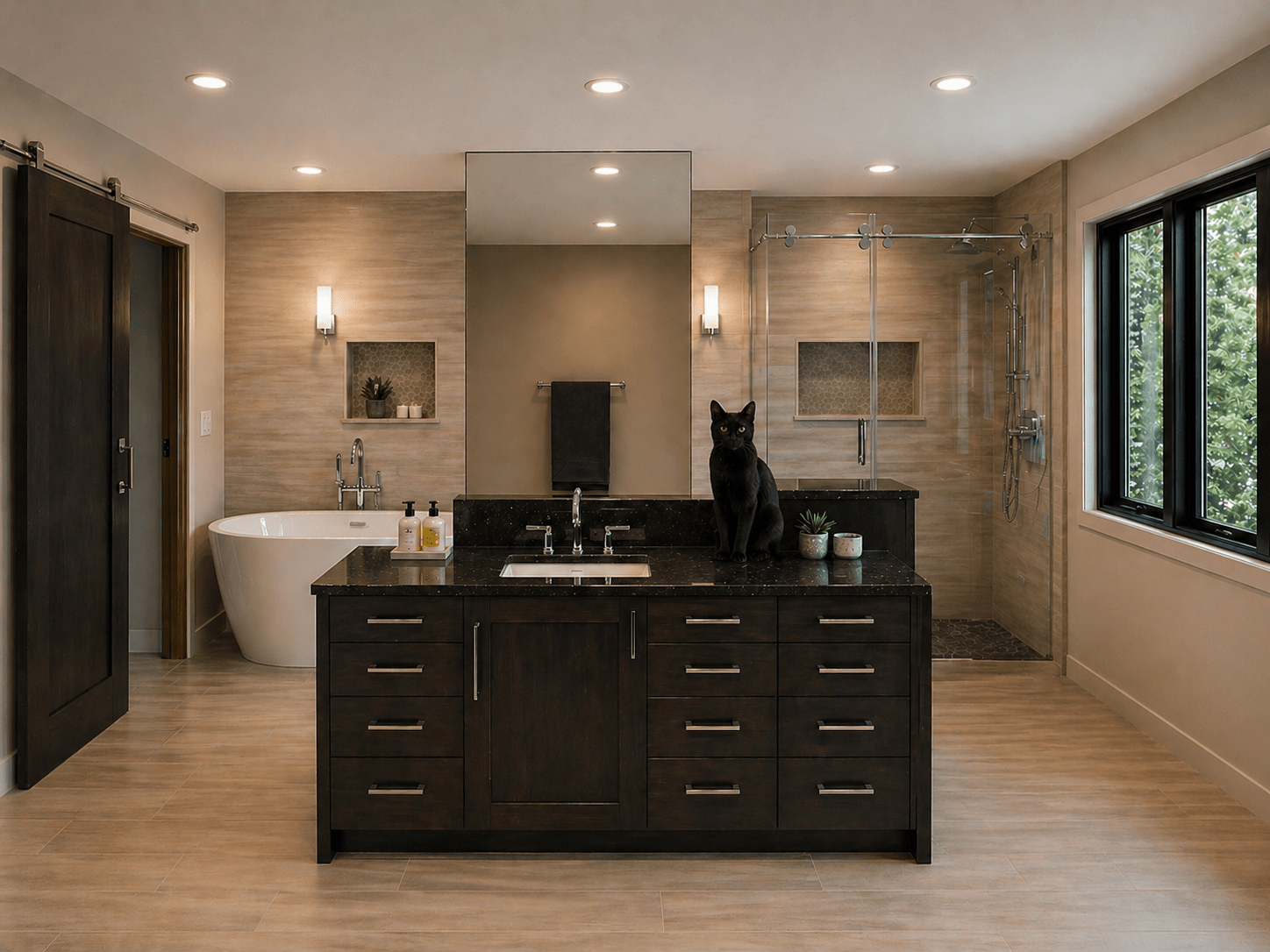 Modern bathroom featuring a sleek dark wood vanity, large soaking tub, and a cat perched on the counter. Natural light floods the space.