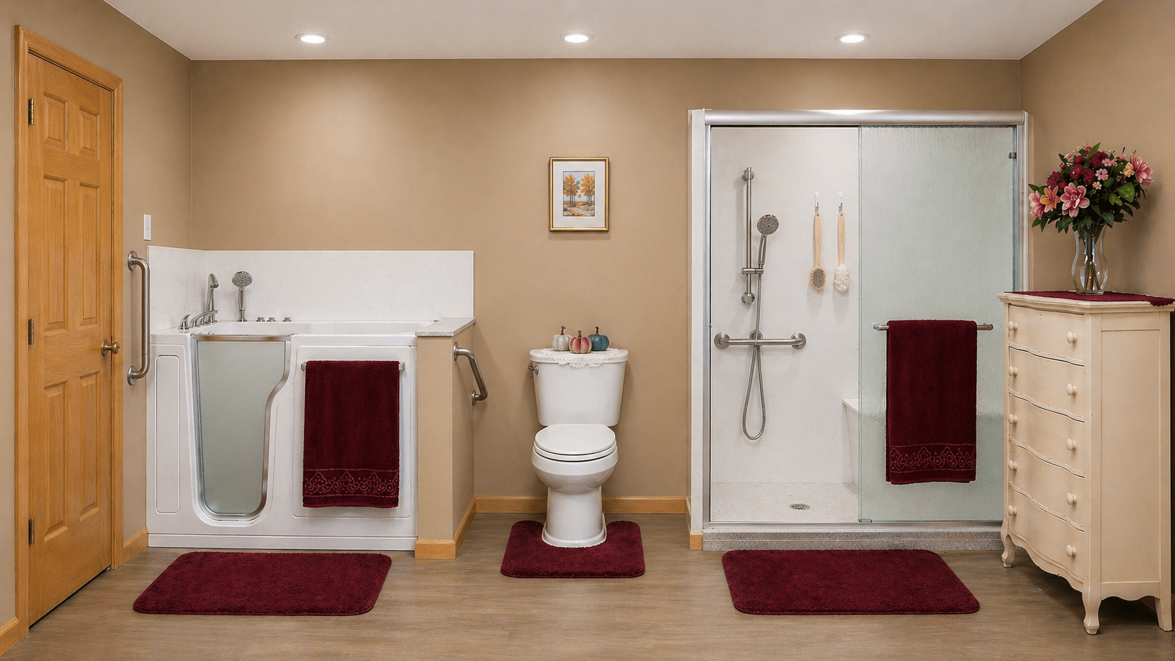 Accessible bathroom featuring a walk-in tub, shower with grab bars, and a toilet. Burgundy accessories add warmth to the functional space.