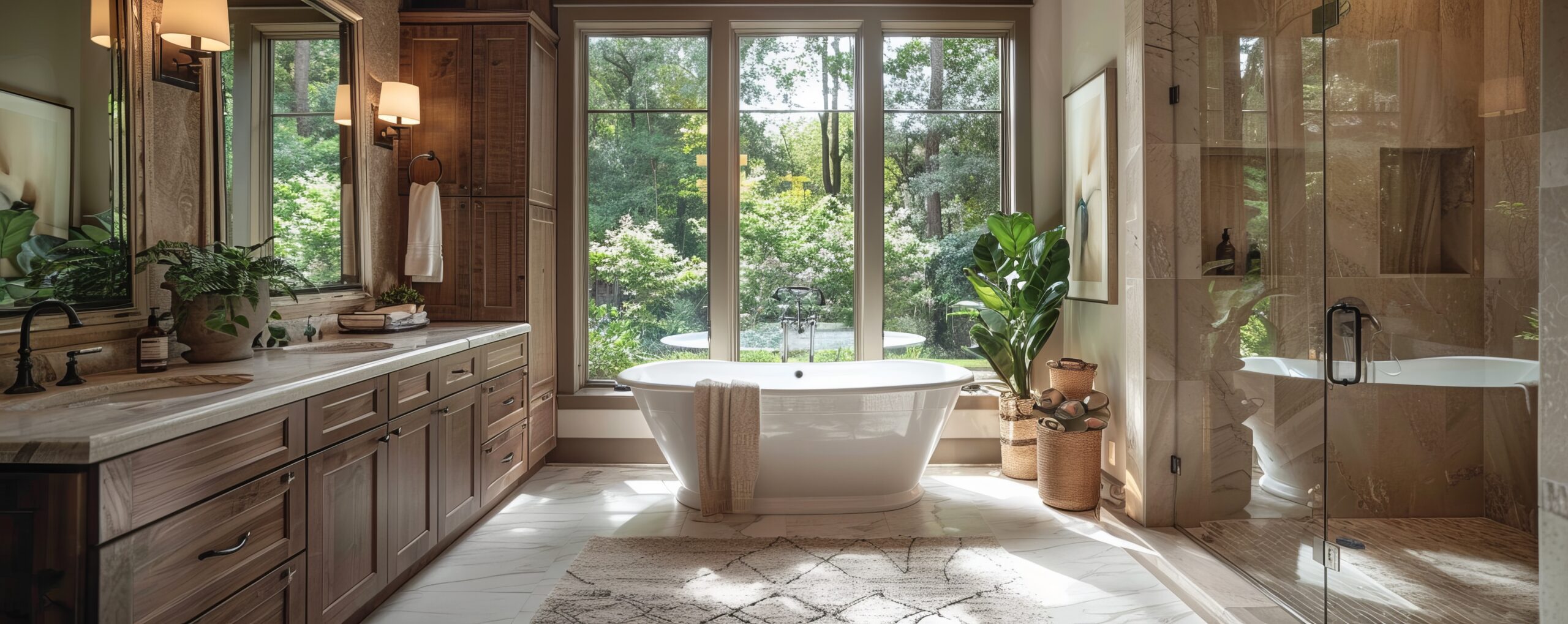 Luxurious bathroom featuring a freestanding bathtub, natural light through large windows, and lush greenery outside, emphasizing tranquility and elegance.