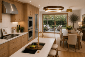 White Oak Kitchen Remodel with Kitchen Aid appliances and new patio doors